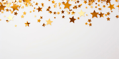 A scattering of gold stars on a white background. Christmas card frame. Example of a gift card.