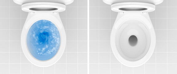 Top view of toilet bowl, blue detergent flushing in it and toilet bowl in the bathroom