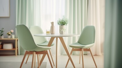 Dining room interior design with green curtains, chair, pots and table. Created with Ai