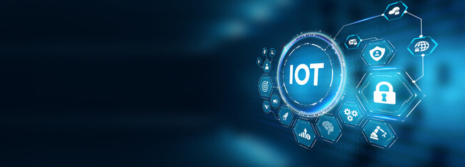Internet of things - IOT concept. Businessman offer IOT products and solutions. The future of technology. Virtual screen of the future with the inscription: IOT. 3d illustration