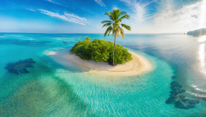 Aerial view of a small tropical island with palm trees and a sandy beach.