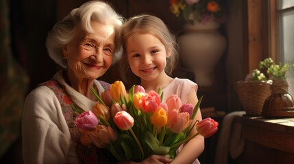 A cute little girl congratulates her grandmother and gives her a bouquet of tulip flowers in the house. Happy family holiday, women's Day.