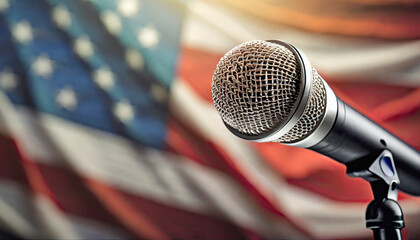 Microphone on the background of the American flag close-up.