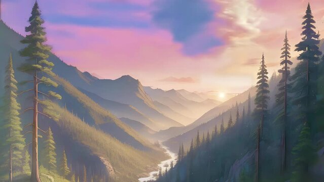 Pine forest with river water valley, beautiful and warm evening sky with anime cartoon style