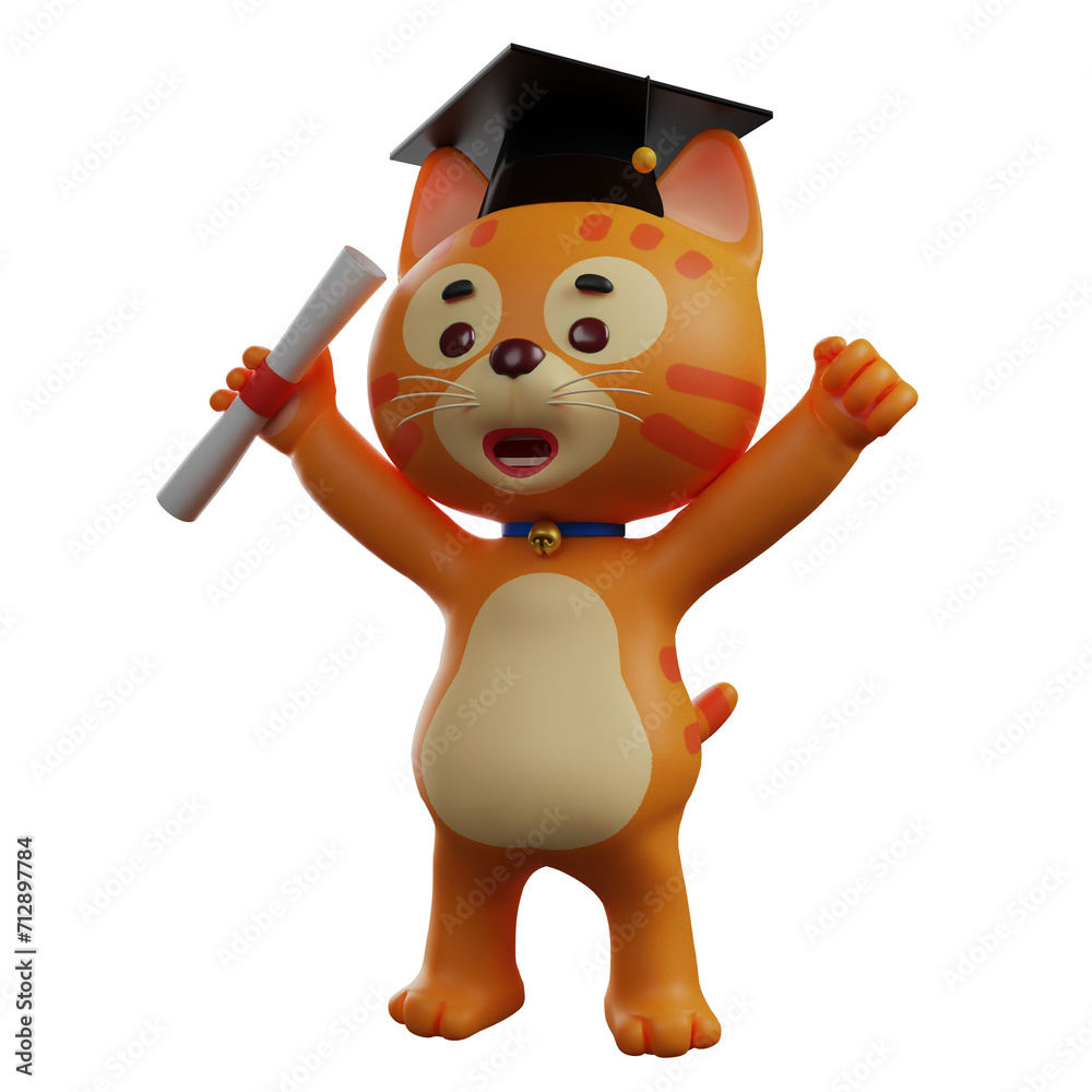 Fototapete 3d illustration. character 3d cat image design wearing a graduation hat. carrying a small roll of pa