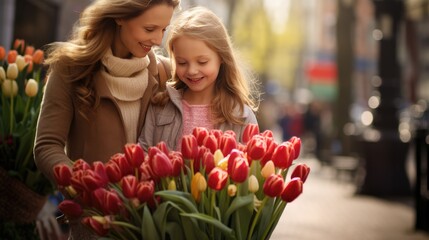 A cute little girl congratulates her mother and gives her a bouquet of tulip flowers on the street. The concept of Mother's Day. Smiling mother and daughter. Happy family holiday, women's Day.