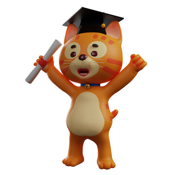  3D illustration. Character 3D Cat Image Design wearing a Graduation Hat. carrying a small roll of paper. showing a smiling expression. 3D Cartoon Character