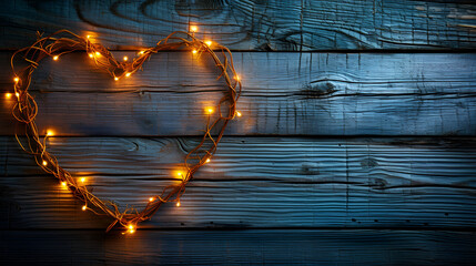 Electric garland in the shape of a heart on a wooden background, generative ai