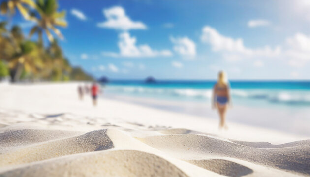 Tropical beach with white sand and turquoise water. Blur image of people walking on beach