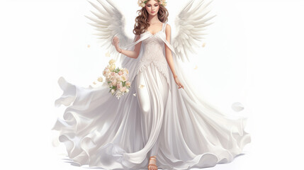 Fototapeta na wymiar illustration of a very beautiful heavenly angel, very white skinned, dressed in a white wedding dress, wearing a flower crown, standing upright wearing glass shoes without a background, Generate AI
