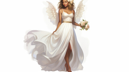 Fototapeta na wymiar illustration of a very beautiful heavenly angel, very white skinned, dressed in a white wedding dress, wearing a flower crown, standing upright wearing glass shoes without a background, Generate AI