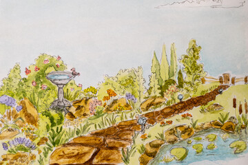 summer garden with pond and path, watercolor illustration. park with ponds, watercolor graphic drawing. Selective focus.