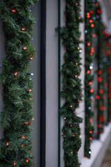 Christmas decorations made with artificial pine tree branches. colorful LED lights