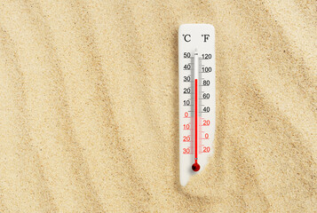 Hot summer day. Celsius and fahrenheit scale thermometer in the sand. Ambient temperature plus 32 degrees - obrazy, fototapety, plakaty