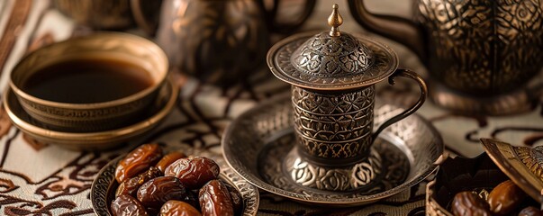 Dates fruit and Turkish coffee in a cup on an old background