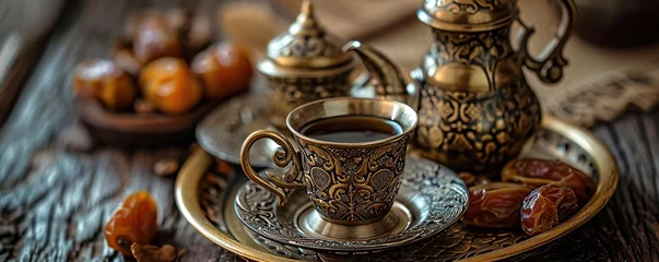 Foto op Aluminium Koffiebar Dates fruit and Turkish coffee in a cup on an old background