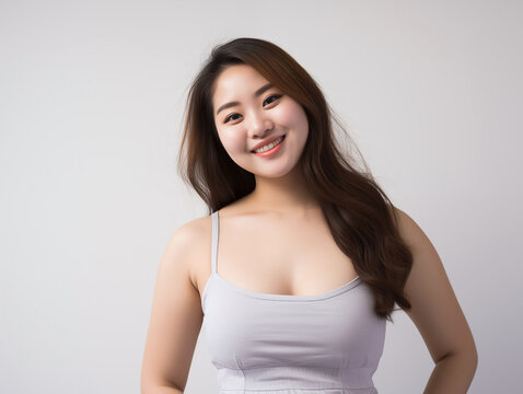 Radiant Smile: Elegant Woman in a Light Gray Tank Top

