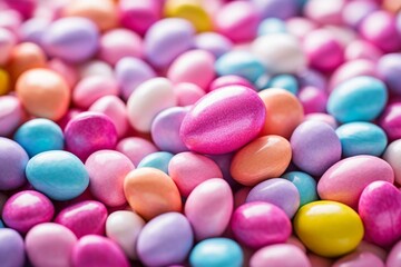 Fototapeta na wymiar Colorful multicolored chocolate Easter eggs candies in pink. Generative AI