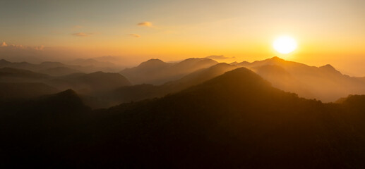 Aerial panoramic view of mountain range Alishan at sunset ,Taiwan.