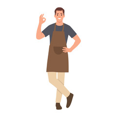 Handsome man in brown apron gesturing ok sign. Flat vector illustration isolated on white background