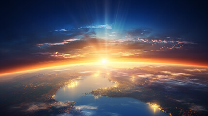 sunrise over the planet earth concept with a bright sun and flare and city lights panoramic