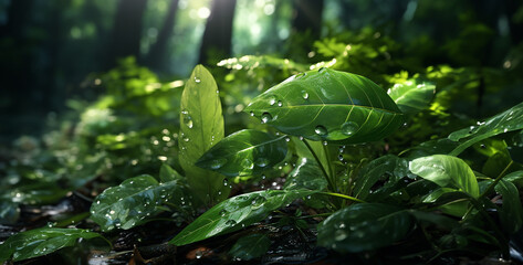Fototapeta na wymiar Water drops on green leaves after rain in the forest. Nature background,green leaves in the forest with morning sunlight, nature background concept.