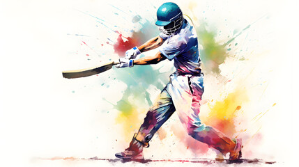 water color painting of a cricket batsman hitting ball - obrazy, fototapety, plakaty