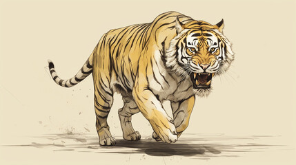 illustration of a yellow tiger running with no color background, Generate AI - obrazy, fototapety, plakaty