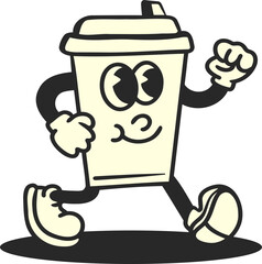 retro cartoon smile coffee cup character  walking  illustration