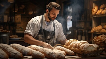 Male baker in an apron and cap in a bakery with freshly baked bread