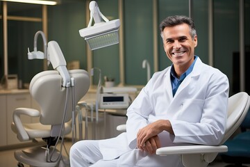 Dentist sitting in a dental office and smiling
