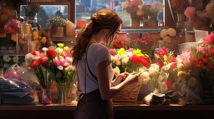 A florist girl collects a beautiful bouquet against a background of various flowers. - obrazy, fototapety, plakaty