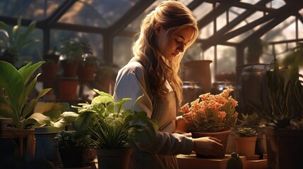 A girl gardener processes different plants in a greenhouse against a background of plants and flowers.
