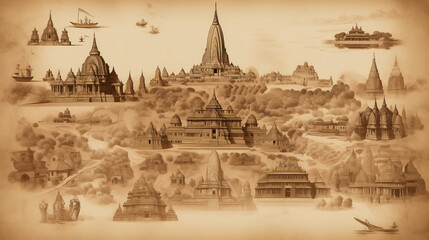 Illustrative concept of vintage map showing ancient Hindu ruins in South Asia, Generative AI image.