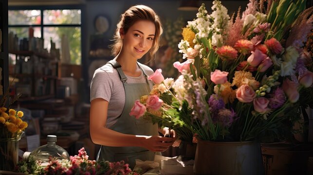 A florist girl collects a beautiful bouquet against a background of various flowers.