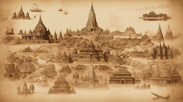 Illustrative concept of vintage map showing ancient Hindu ruins in South Asia, Generative AI image.