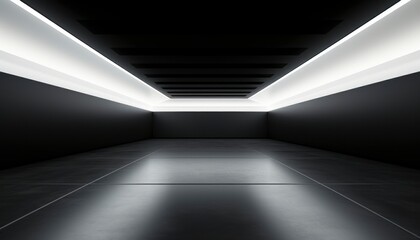Black minimalist room with striking LED strip lights on ceiling - obrazy, fototapety, plakaty