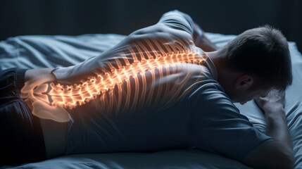Man with glowing spine visualization lying on bed, depicting back pain or spinal issues - obrazy, fototapety, plakaty