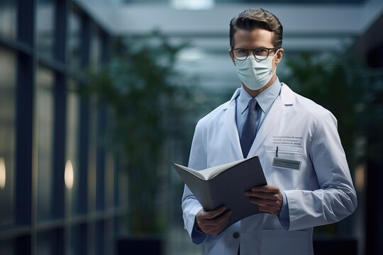 Male doctor in a mask with a folder in his hands against the backdrop of a hospital corridor