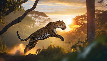 Jaguar jumping in the jungle - obrazy, fototapety, plakaty