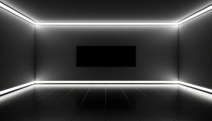 Black minimalist room with striking LED strip lights on ceiling