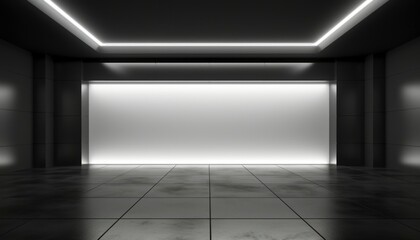 Black minimalist room with striking LED strip lights on ceiling - obrazy, fototapety, plakaty
