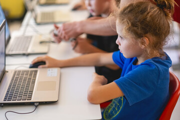 School boy learning coding digital program during computer science lesson.