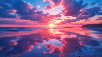 Fototapeta na wymiar A breathtaking view of a vivid sunset with reflected clouds on damp sand during low tide Background