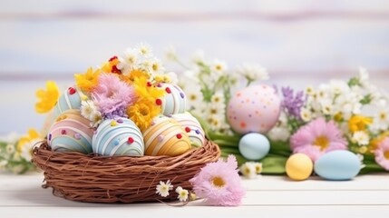 Obraz na płótnie Canvas Easter basket with eggs and spring flowers on a white wooden background, a nest with painted eggs. Festive background, greeting card.happy Easter. Easter background with space to copy.