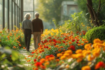 Senior Couple's Peaceful Walk Through Vibrant Garden Pathway. AI Generative.