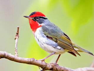 Close-up of a red-capped robin with vibrant plumage, perched on a branch in its natural habitat.
