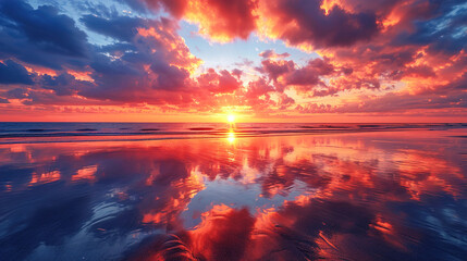 A breathtaking view of a vivid sunset with reflected clouds on damp sand during low tide Background - obrazy, fototapety, plakaty