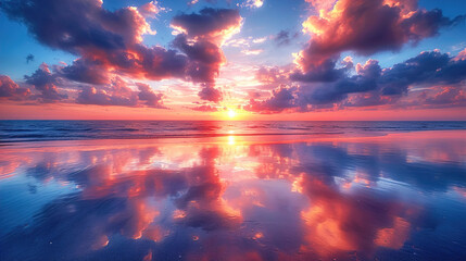 A breathtaking view of a vivid sunset with reflected clouds on damp sand during low tide Background