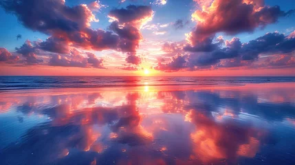 Papier Peint photo autocollant Réflexion A breathtaking view of a vivid sunset with reflected clouds on damp sand during low tide Background